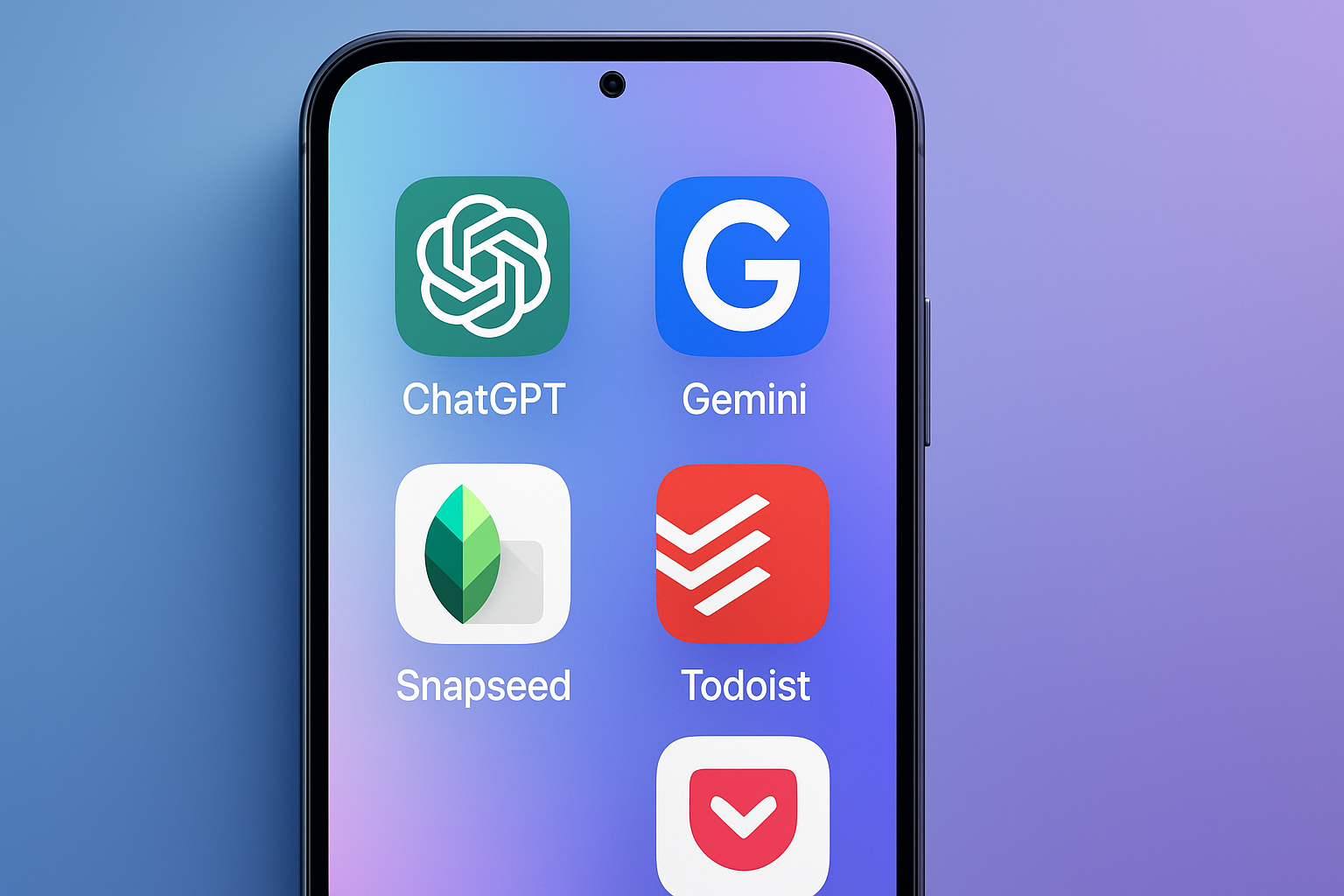 Smartphone displaying top 10 must-have Android and iOS apps for 2025 including ChatGPT, Google Gemini, and Snapseed in a futuristic tech theme.