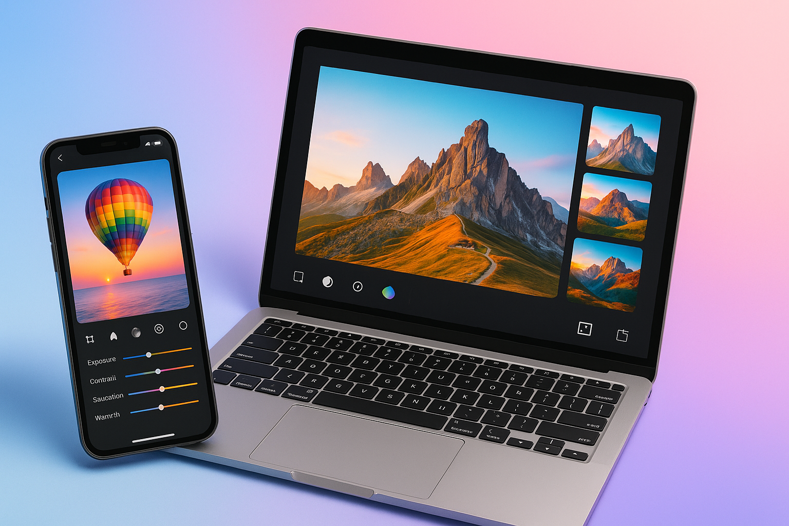 Smartphone and laptop screens showing free photo editing apps for mobile and PC, representing the best free photo editing tools of 2025.