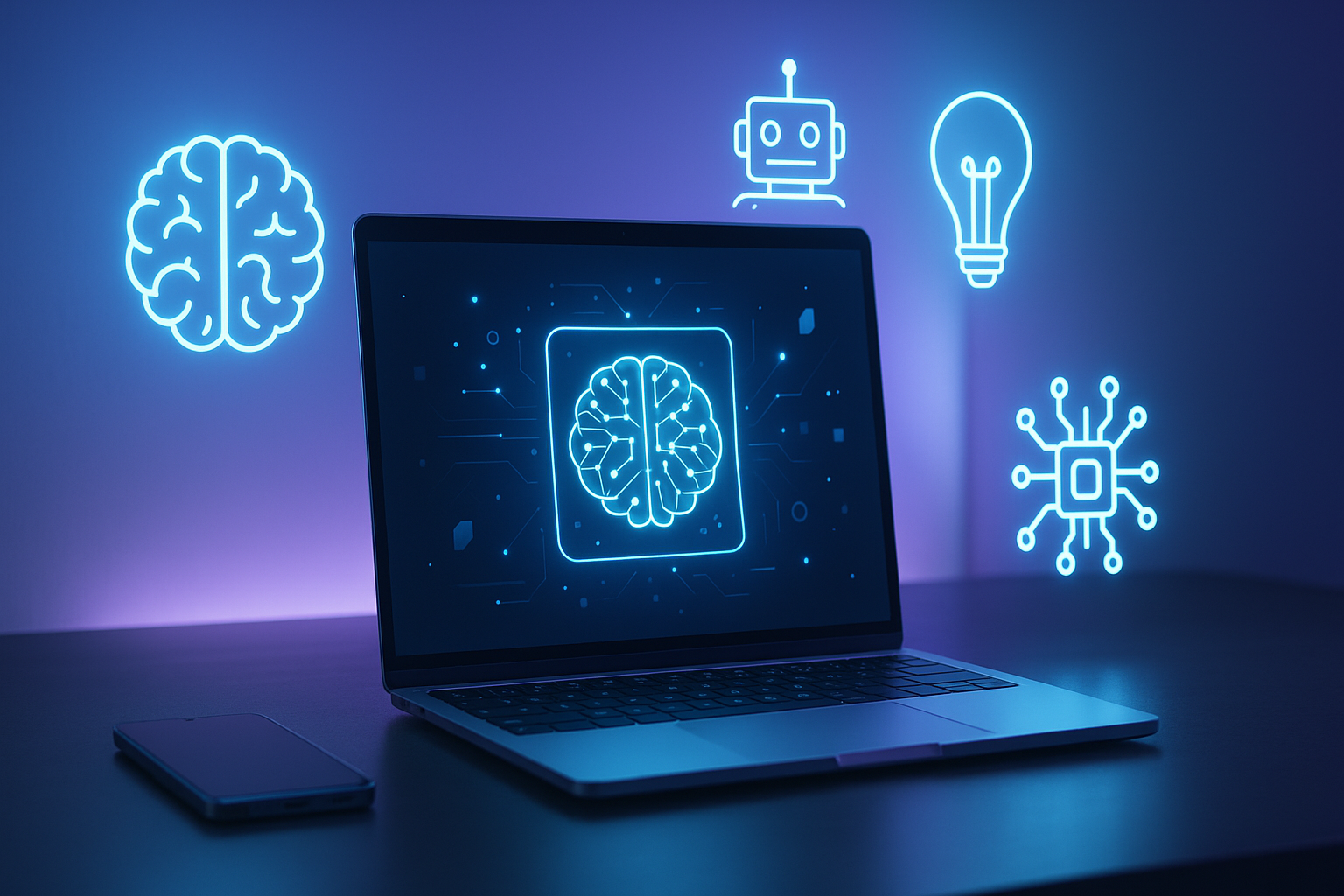 Futuristic workspace showing laptop and AI icons representing the best artificial intelligence tools to try in 2025.
