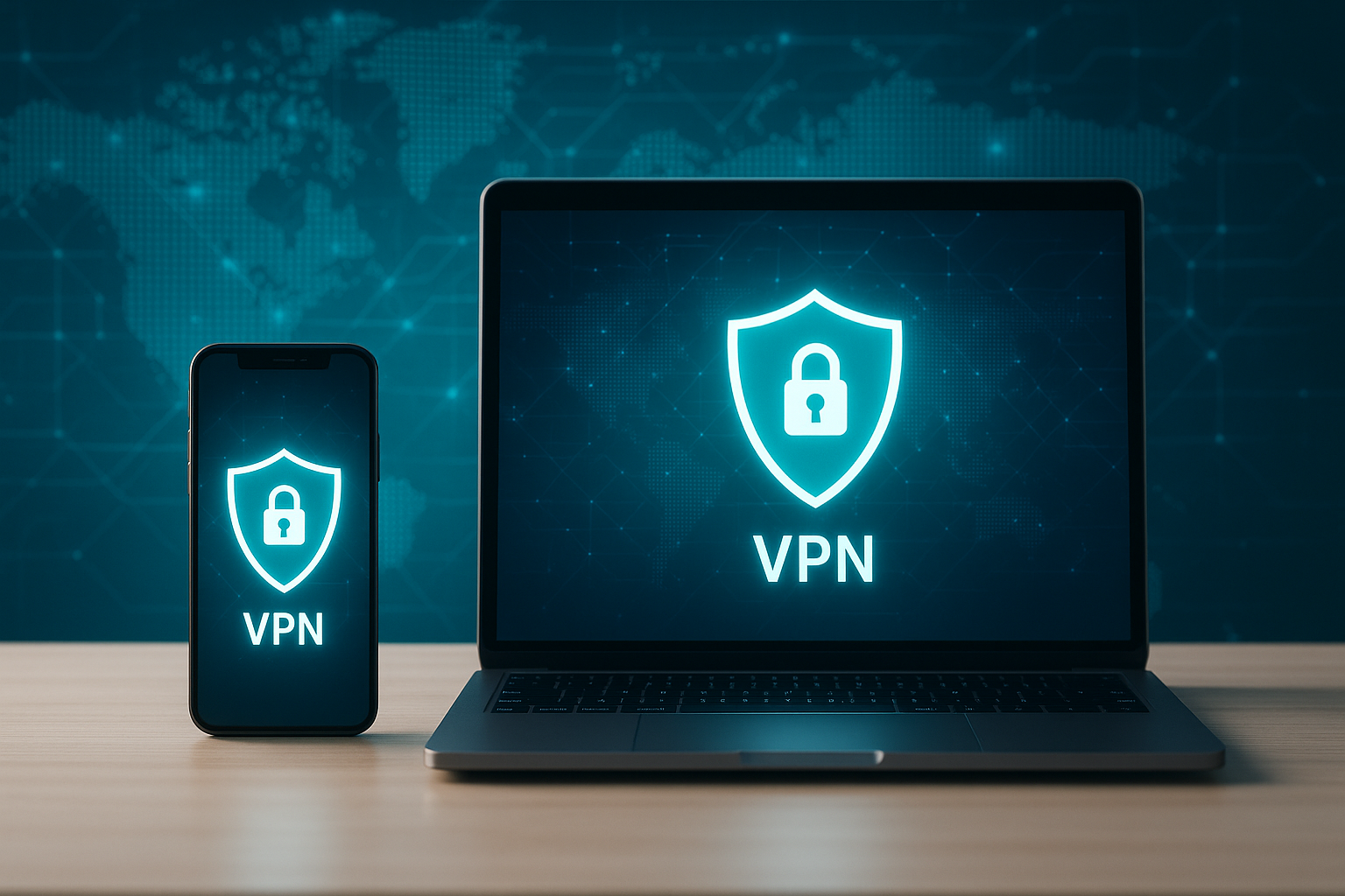 Smartphone and laptop displaying VPN shield icons representing secure browsing with the best free VPN apps for Android and iOS in 2025.