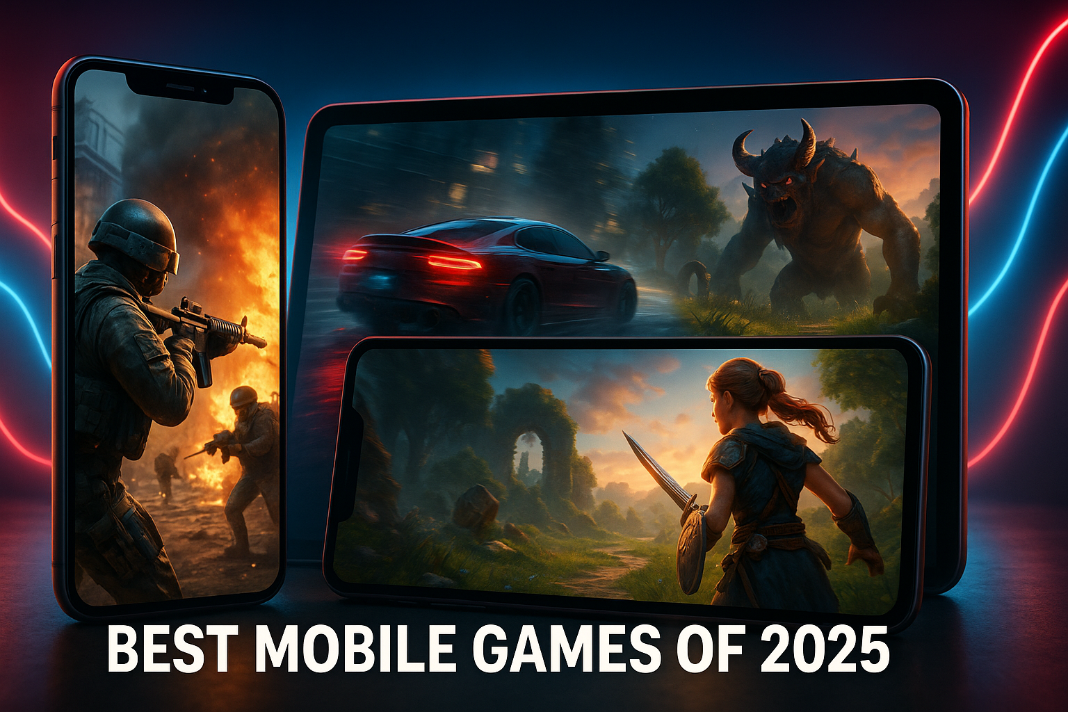 Smartphone and tablet screens showing action and racing games representing the best mobile games of 2025 for Android and iOS.