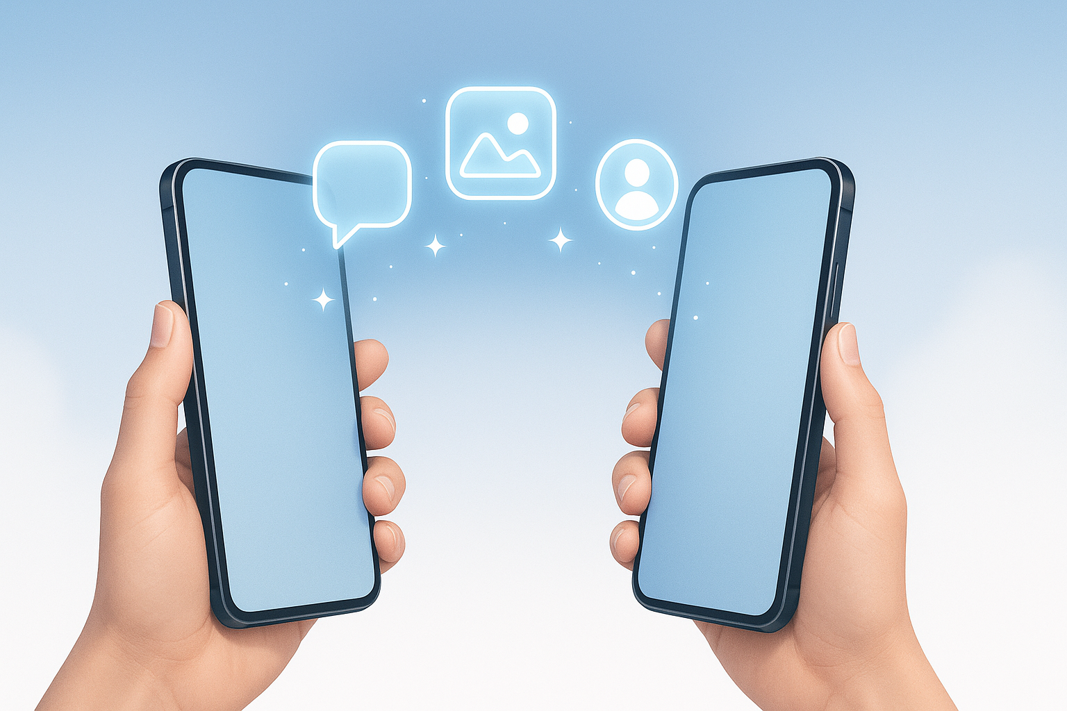 Two smartphones transferring apps and data wirelessly, representing how to transfer apps and data to a new phone easily.