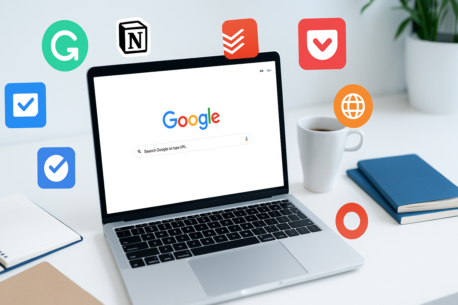 Laptop showing Google Chrome with productivity extension icons, representing essential Chrome extensions for students and professionals in 2025.