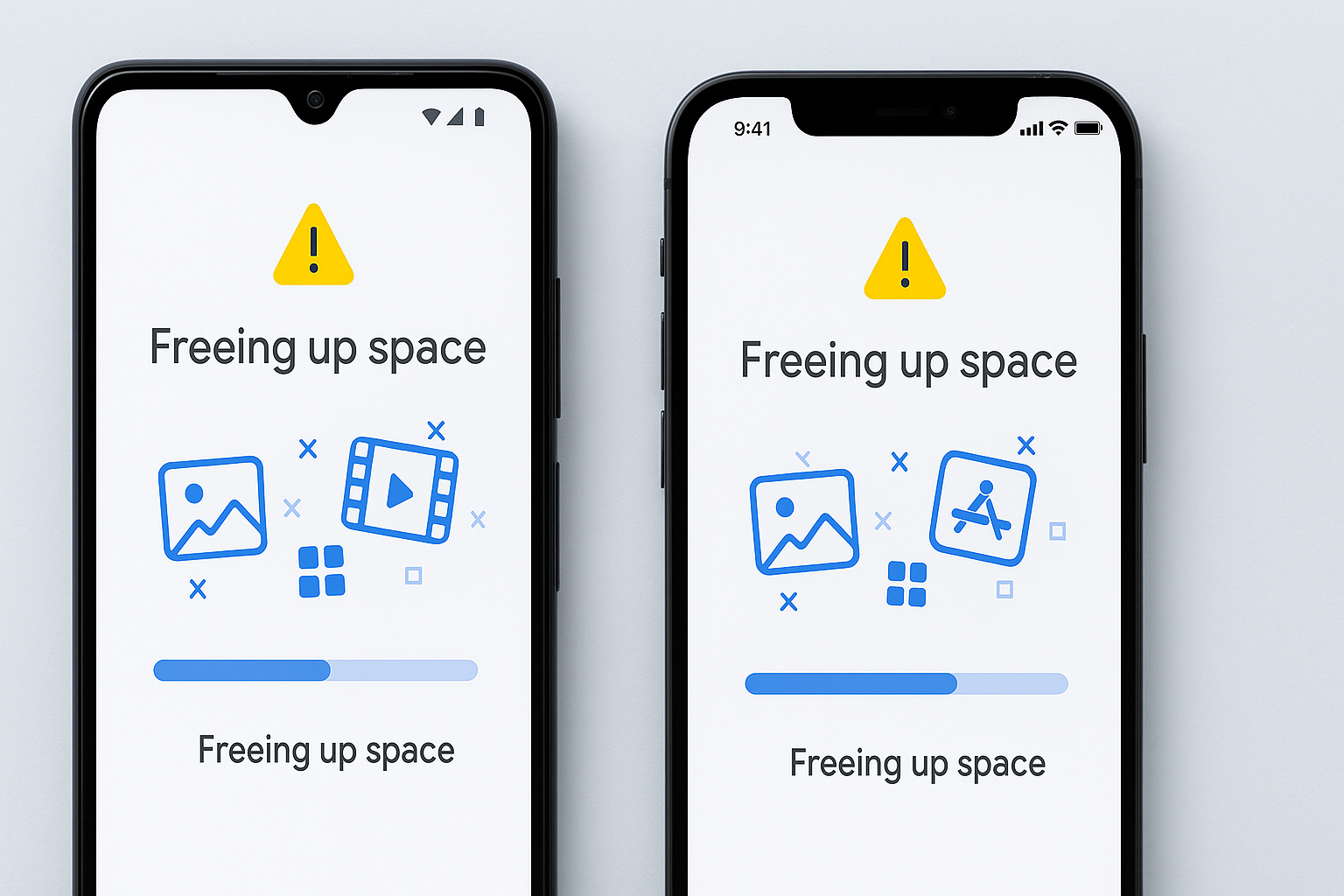 Android and iPhone screens showing storage cleanup and low storage warning icons, illustrating how to free up space on your phone quickly.