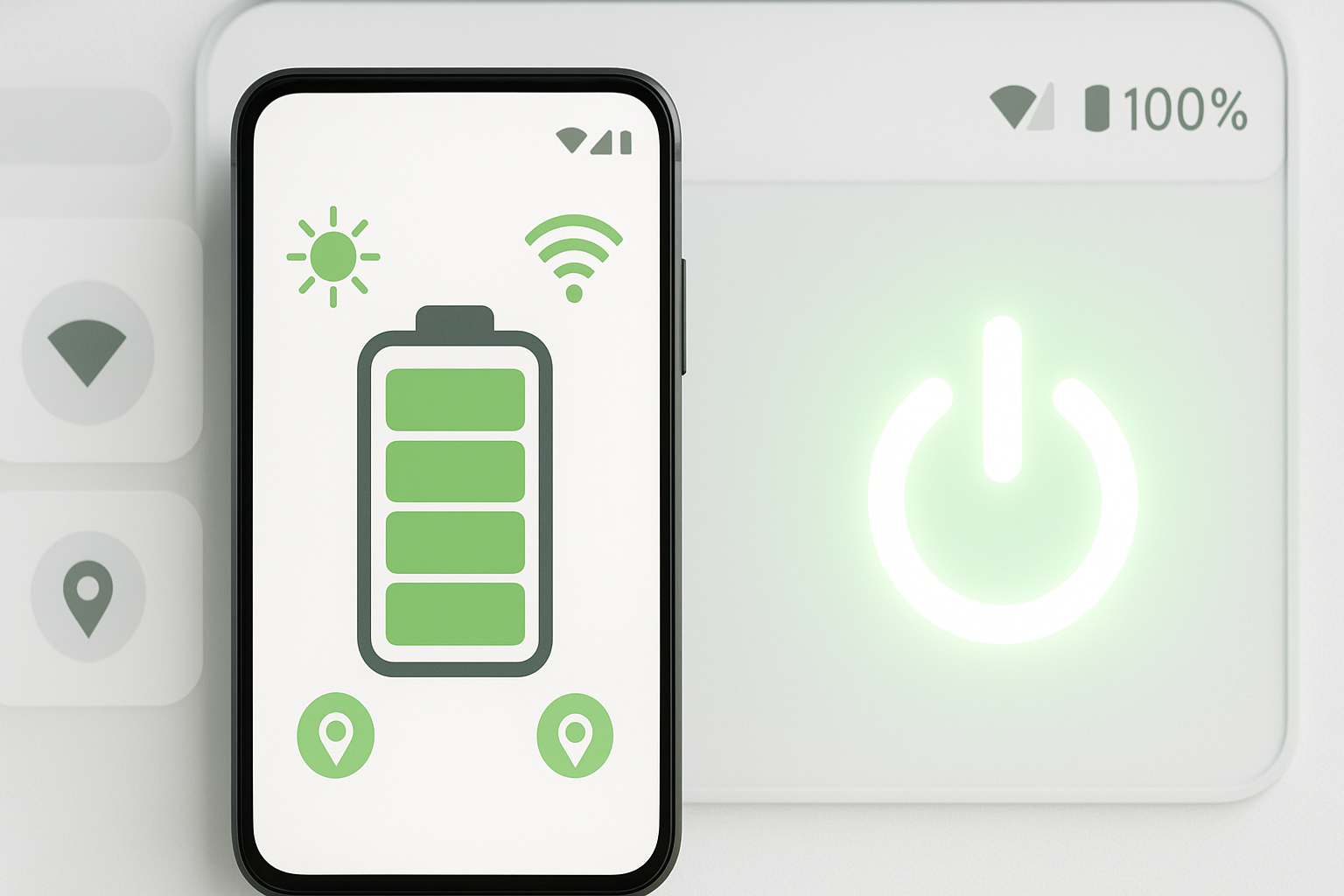 Android smartphone showing full green battery icon and energy-saving settings, representing how to make your Android battery last longer.