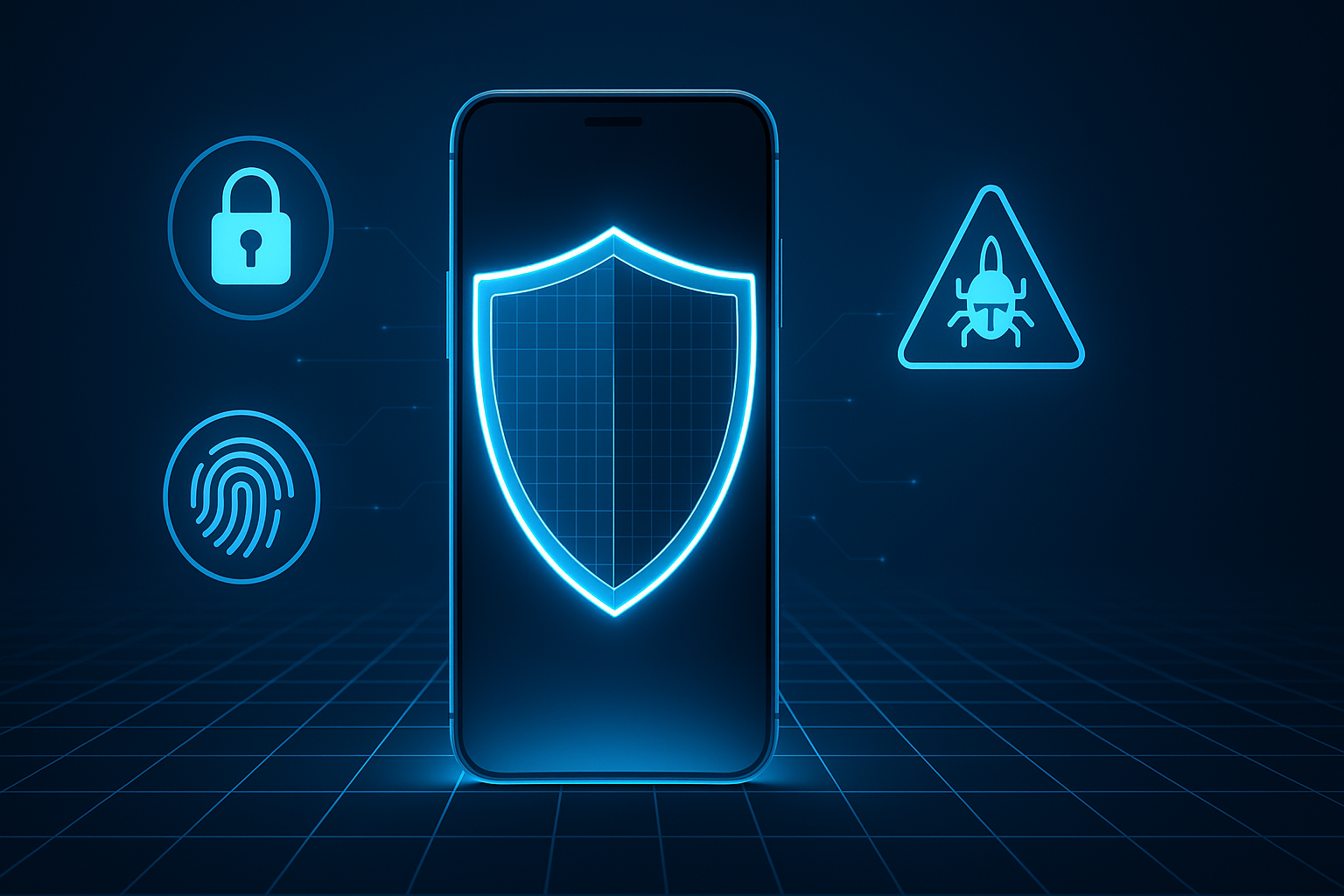 Smartphone with digital shield and security icons representing how to protect your phone from hackers and malware in 2025.